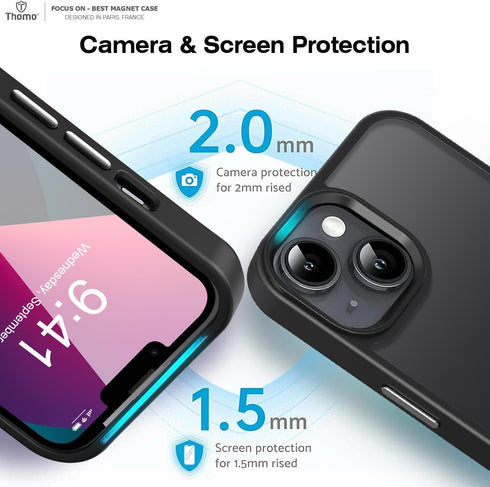 Thomo iPhone 13/14 Case - Strong Magnetic, 10FT Drop Resistant, Matte Skin, Aluminum Alloy Keys, Black, Compatible with
