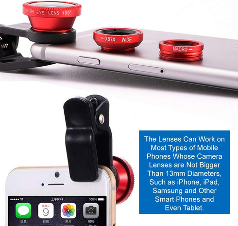 KINGMAS 3 in 1 Universal Fish Eye & Macro Clip Camera Lens Kit for iPad iPhone 7 6 5 Samsung BlackBerry HTC and Most Smartphones (Red)