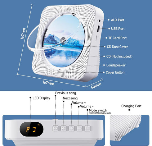 CD Player Portable Bluetooth 5.1 Desktop CD Player with HiFi Sound Speakers,Remote Control,Dust Cover,LED Display,Boombox FM Radio,USB/AUX for Home,Kids (White)