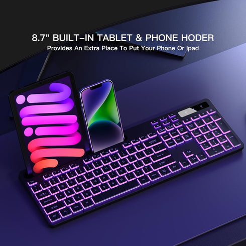 Wireless Keyboard with 7-Color RGB Backlit, Full-Size Computer Keyboard with Phone Tablet Holder, Rechargeable Gaming