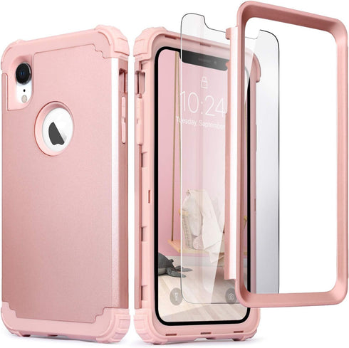 IDweel iPhone XR Case, Rose Gold 3-in-1 Shockproof Hybrid Cover with Tempered Glass Screen Protector for Women.