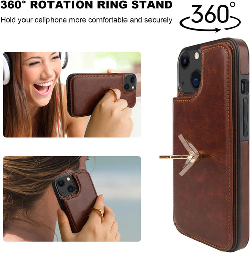 OT ONETOP 13 360 6.1 Inch ONETOP for iPhone Wallet Case with Card Holder, Rotation Ring Kickstand RFID Blocking PU