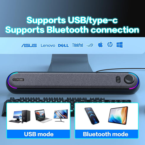 ICOREBEI Desktop computer speaker, soundbar, compatible with Mac, desktop, laptop, tablet, monitor, PC, and mobile