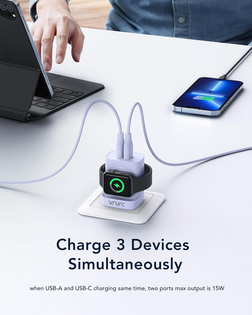 VRURC 20W PD 3-in-1 Charger for Apple Watch, Magnetic Wireless Charging and Dual Ports, Portable USB C Wall Block,