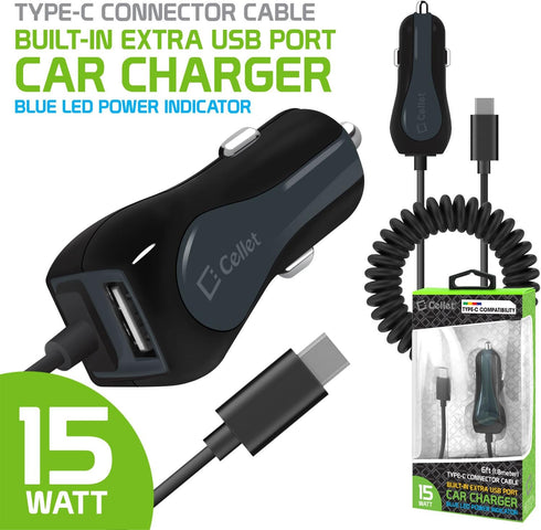 Cellet Fast Charging 15Watt Dual USB Port Car Charger with 4ft Type-C Cable, High Powered 3Amp