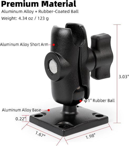 FPN 1" Ball Mount with Aluminum Alloy Square Plate & Short Double Socket Arm, Universal Electronic Device Mounting Base