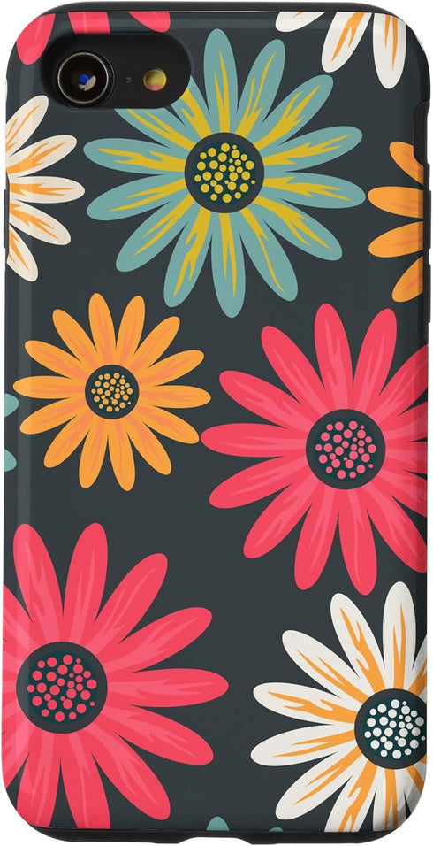iPhone SE (2020) / 7 / 8 Floral Daisy Flowers Case, Pink Green Orange Grey Pattern AEN021
