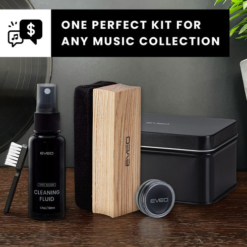 EVEO Premium Vinyl Record Cleaner Kit - Complete 4-in-1 Cleaning Kit with Brush, Liquid, Duster & Stylus Gel