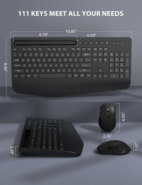 Wireless Keyboard and Mouse Combo - Trueque Ergonomic Full-Sized Keyboard with Wrist Rest, Phone Holder, Silent 2.4GHz