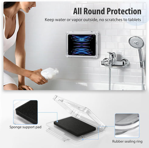 MoKo Waterproof Shower Tablet Holder, Wall Mount for iPad Up to 11", 360° Rotation with Touchable Anti-fog Screen, Clear