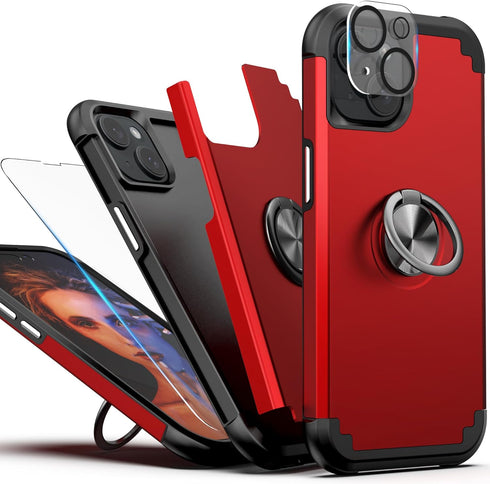 IDweel for iPhone 15 Plus Case with Screen Protector+360°Ring Holder Stand+Camera Lens Protector,2 in 1 Shockproof Slim Fit Hybrid Heavy Duty Hard PC Cover Soft Silicone Bumper Full Body Case,Red