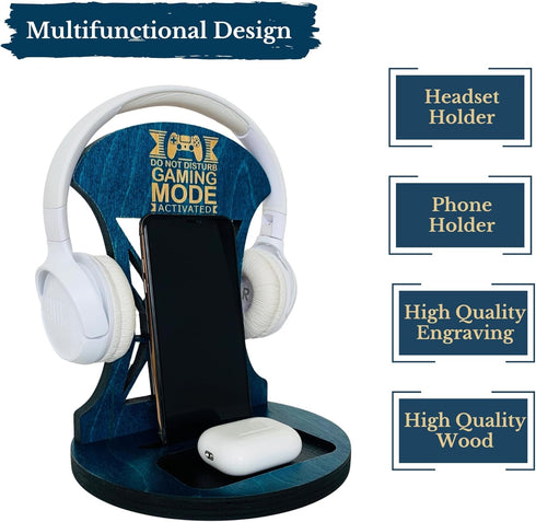Wooden Headset Stand for Gamer Room Decor, Gaming Accessories, Headphone Stand for Men, Best Gifts for Boyfriend, Son,