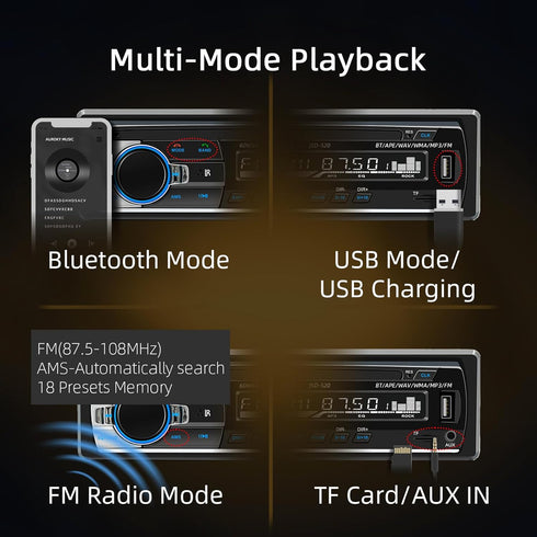 Auroky JSD-520 Charging/MP3/AUX/TF, Car Stereo Audio Single Din Bluetooth Handsfree FM Radio Receiver USB No CD Player