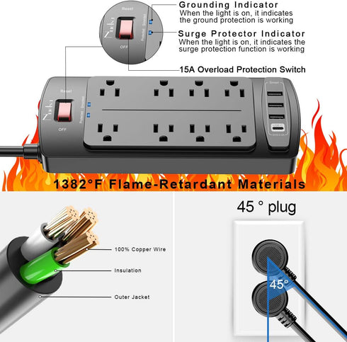 Nuetsa Surge Protector Power Strip with 8 Outlets, 4 USB Ports, 6 Feet Power Cord, 2700 Joules, Black