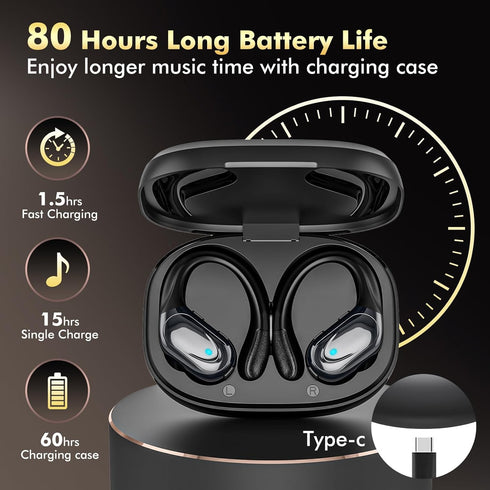 Wireless Earbuds Bluetooth Headphones 80hrs Playback Ear Buds Power Display with Noise Canceling Mic with Earhooks for Sports/Workout/Running, Black
