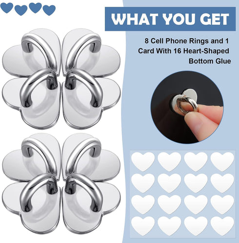 8 Pcs Cell Phone Finger Ring Adhesive Metal Phone Finger Grip Loop Stand Heart Grip Holder Phone Charm Hook for DIY Hanging Supplies (Silver)
