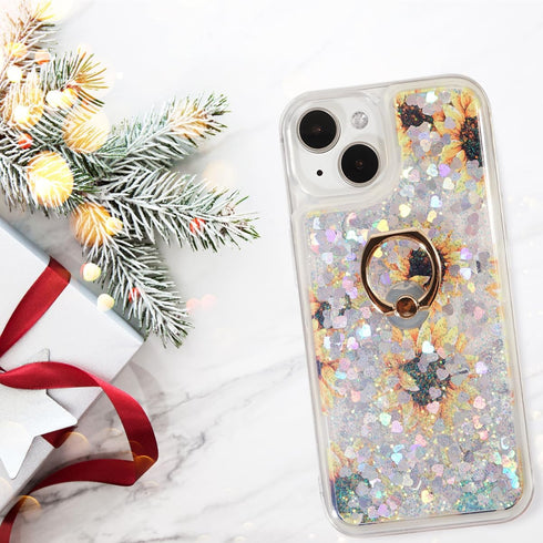 Glitter Case with Ring Holder for iPhone 15, Clear Kickstand Soft TPU Bling Girly Liquid Holiday