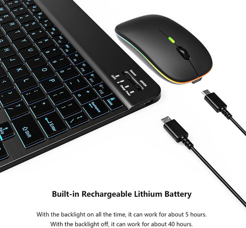 Backlit Bluetooth Keyboard and Mouse Combo, Ultra Slim Wireless for iPad Air Pro Mini, iPhone, Android, Rechargeable,