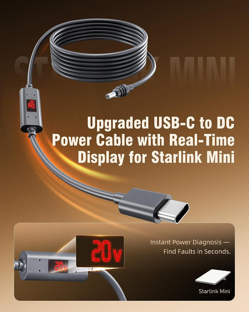 ToKismet 18AWG (5m/16.4ft) Starlink Mini USB-C to DC Power Cable Smart PD Chip & Copper Wire with Voltage & Current