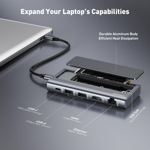 Viilinany 6-in-1 M.2 10Gbps 2X 90W 4K@60Hz USB C Docking Station with NVMe SATA SSD Enclosure, USB-C Hub with USB-A