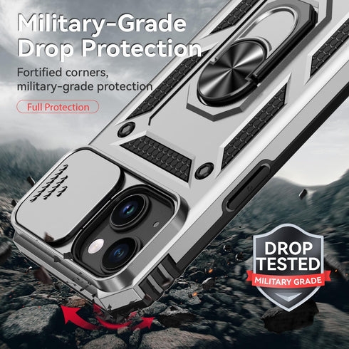 Hitaoyou iPhone 15 Case with Camera Cover & Kickstand, Military Grade Shockproof Heavy Duty Protective Case, Silver