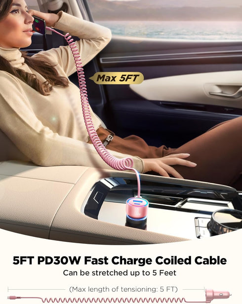 60W USB C Car Charger, Fast Charge PD&QC3.0 with 30W Type C 5ft Coiled Cable for iPhone 15 Pro Max, Samsung S24