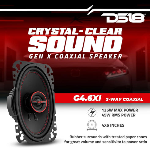 DS18 G4.6Xi GEN-X 4x6 2-Way Coaxial Speakers, 135 Watts Max Power, 45 Watts RMS, 4-Ohm Mylar Dome Tweeters, 2 Speakers