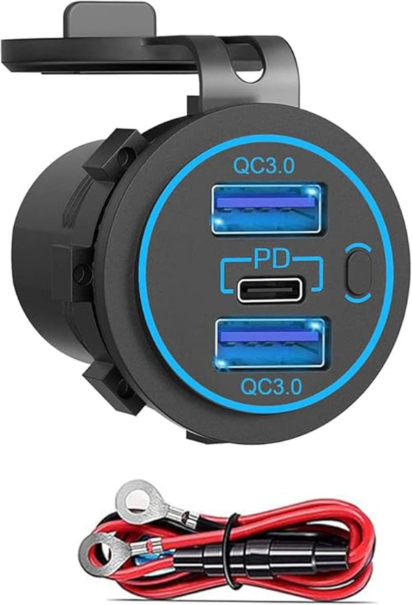 12V USB Charger, PD 20W USB-C Power Socket and 18W QC3.0 Socket Waterproof Power Outlet for Car, RV, Boat