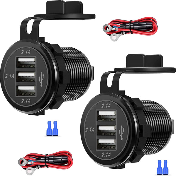 12V USB Outlet, 3 USB Charger Socket for Car, Boat, Marine, Bus, Truck, Golf, RV, Motorcycle and More - 2-Pack