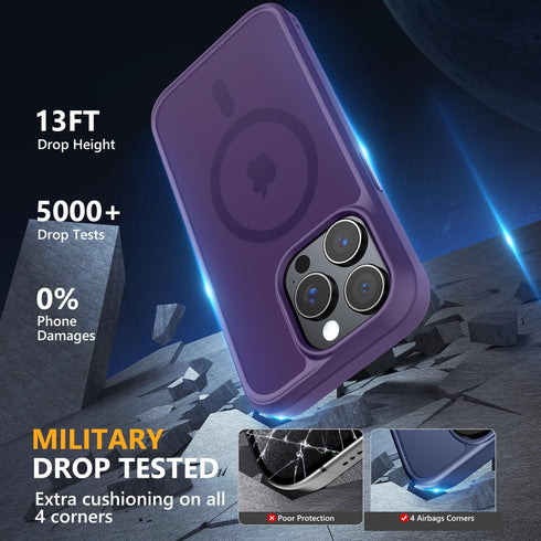 MOCCA iPhone 14 Pro Case - Slim Translucent Matte, 13FT Military Drop Protection, Strong Magnetic, Deep Purple, MagSafe