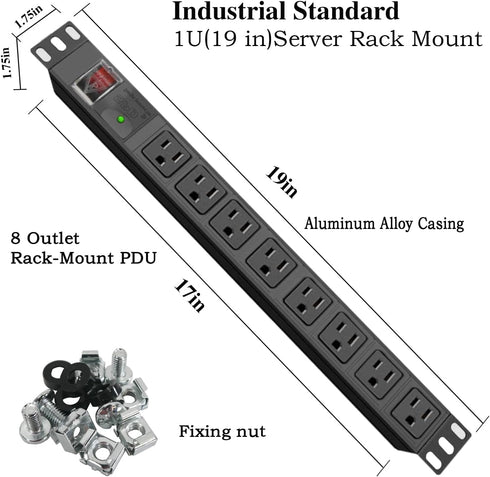 Surge Protector Power Strip 1U Rack Mount PDU, 8 Wide-Spaced Outlet Extender