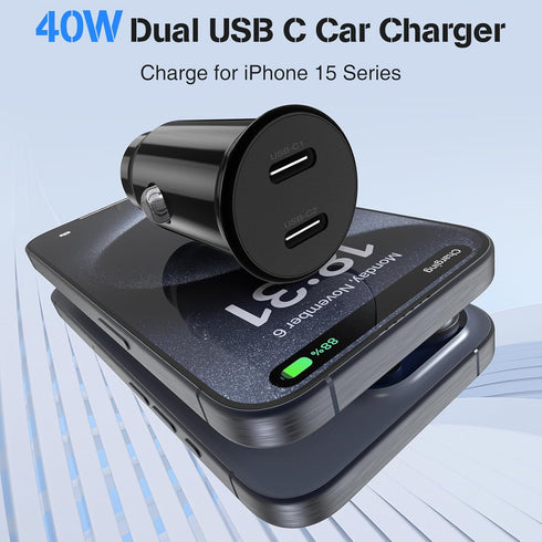 Car Charger for iPhone 15, 40W Dual USB C Cigarette Lighter with 2 Pack 10FT USB C to USB C Cable, Fast Charging Black