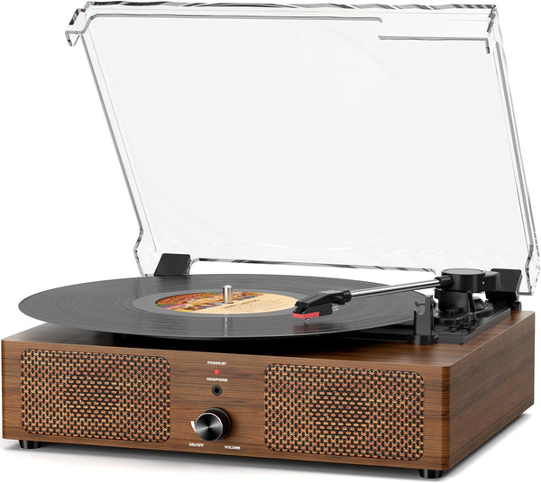 Mersoco Vintage Wooden Record Player with Bluetooth 3-Speed Belt-Driven Turntable Built-in Speakers, Beginner