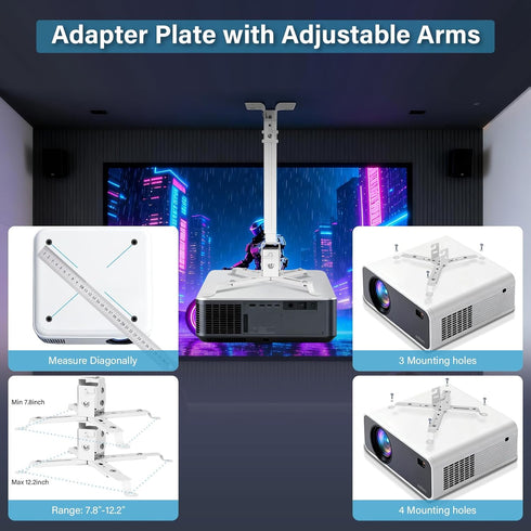 Vphom 3-in-1 Universal Projector Mount Ceiling/Wall - Projector Bracket with Extension Pole & Cable Ties