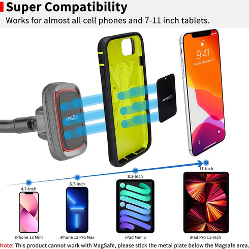 APPS2Car Magnetic Car Phone Holder Mount, Flexible Long Arm, Anti-Shake Windshield Phone Mount, Compatible with