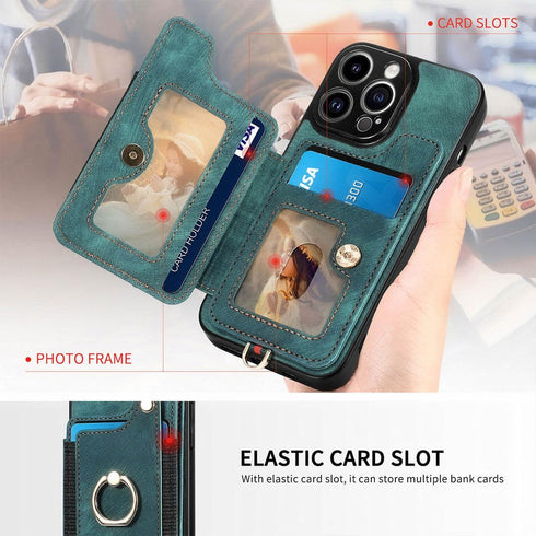 JanCalm iPhone 13 Pro Leather Flip Case, Card Holder, RFID-Blocking, Magnetic, Ring Holder in Green