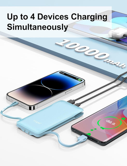TG90° 10000mAh Power Bank with Built-in Foldable AC Wall Plug and Cables, Ultra Slim Portable Charger for iPhone 16/15