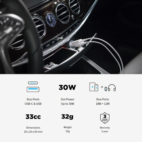 Innergie 30D 30W USB-C Car Charger, 2 Ports | Fast Charging (USB PD & QC3.0) Superior Safety Surround with
