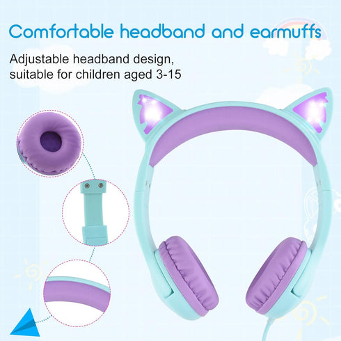 Kids Headphones with MIC for School, 85dB Safe Volume Limited Light Up Cat Ear Headphones, Wired On-Ear (Green/Purple)
