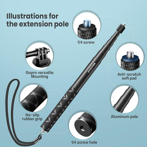 VYVIYON 130cm Stick,1/4" X4 X5 Invisible Selfie Extended Monopod Pole with Adapter Compatiable with DJI Sports Camera