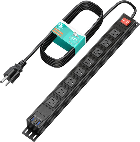 QBA 8 Outlet Heavy Duty Power Strip with USB C, 6ft Cord, Wall Mount for Home Office