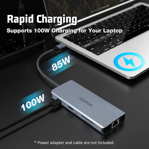 HOPDAY 8 4K Adapter(RJ45 3.0,PD 100W,SD/TF USB C Hub, Ports USB C Dock with Double Monitor HDMI, USB C LAN Port, USB