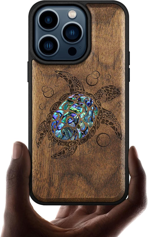 Carveit Designer Wooden Protective Case for iPhone 15 Pro, Magnetic Cover with Wood Engraving - Sea Turtle-Walnut