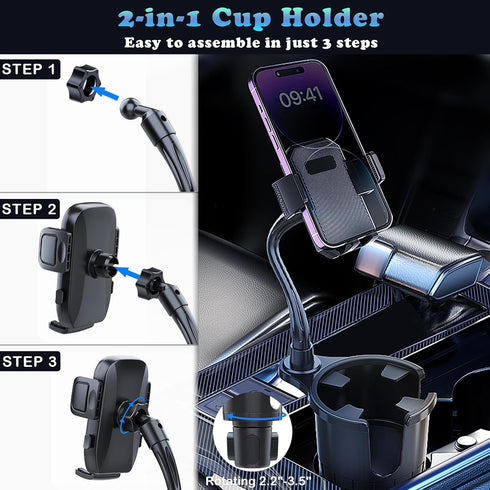 2024 Upgraded 2 in 1 Car Cup Holder Expander with Adjustable Base Long Gooseneck 360° Rotation Phone Holder