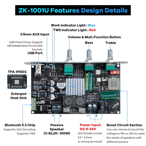 ZK-1001U 100W 9-24V Hosyond Mono Bluetooth Amplifier Board, Power Amp with TWS Pairing, Wide Voltage Input