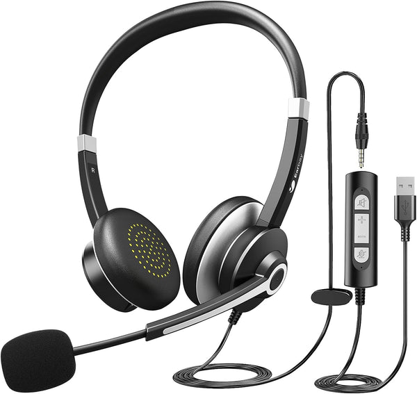 Earbay USB Headset with Microphone for PC, Noise Cancelling Computer Headset with 3.5mm Jack On-Ear Wired Headphones