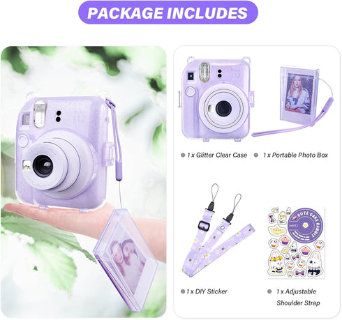 Glitter Clear Case for Fujifilm/Polaroid Instax Mini 12 Instant Camera, Upgraded Glitter Case with Accessories - Purple