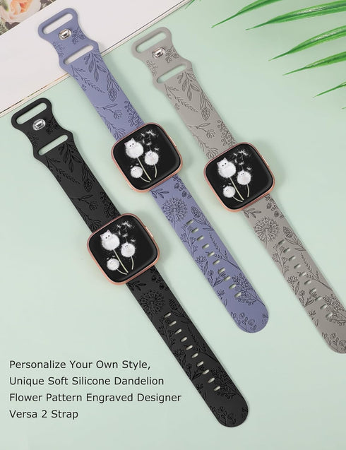 Minyee Floral Engraved Band Compatible with Fitbit Versa 2, Cute Soft Silicone Dandelion Flower Pattern Sport Strap for