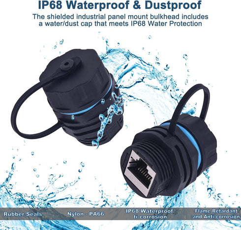 Waterproof CAT6 RJ45 Panel Mount Coupler - IP68 Shielded Industrial Ethernet LAN Pass Through Connector (2PACK)