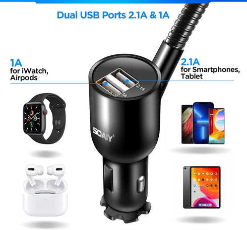 SOAIY 3-in-1 Cigarette Lighter Car Mount - Dual USB 3.1A Charger with Adjustable Gooseneck & 360° Rotating Cradle